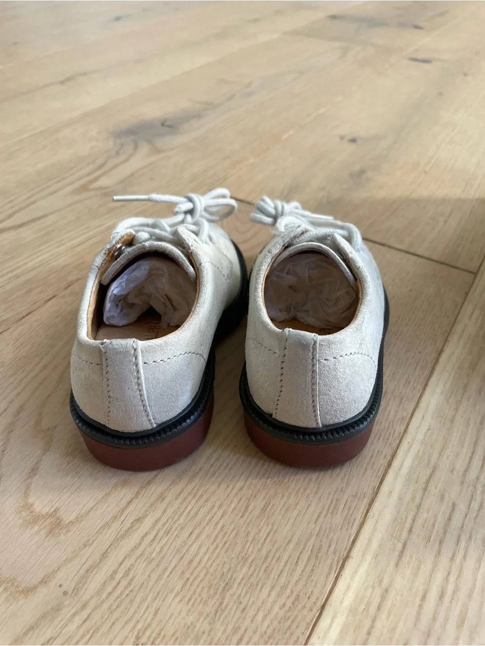 Polo by Ralph Lauren Kids Suede Lace-Up Oxfords in Off-White with Brown Trim
